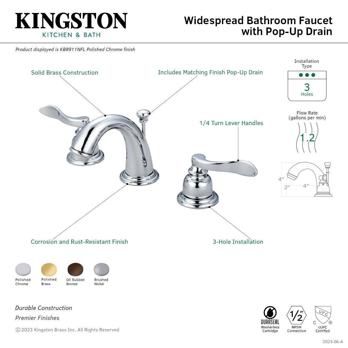 Kingston Tulare KB8915NFL - NuWave French Two-Handle 3-Hole Deck Mount Widespread Bathroom Faucet with Pop-Up Drain, Oil Rubbed Bronze — thumbnail 3